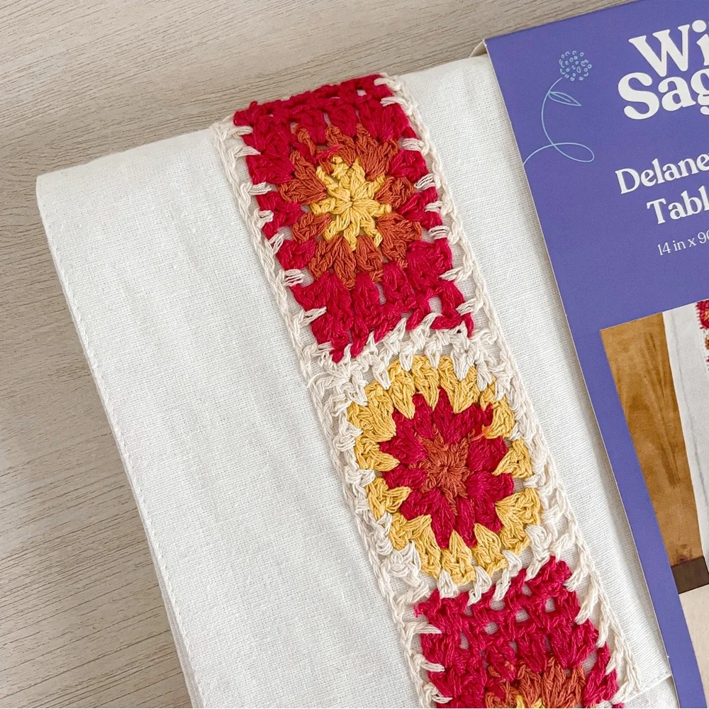 NEW Wild Sage Delaney Crochet Table Runner with Tassels 14 in x 90 in